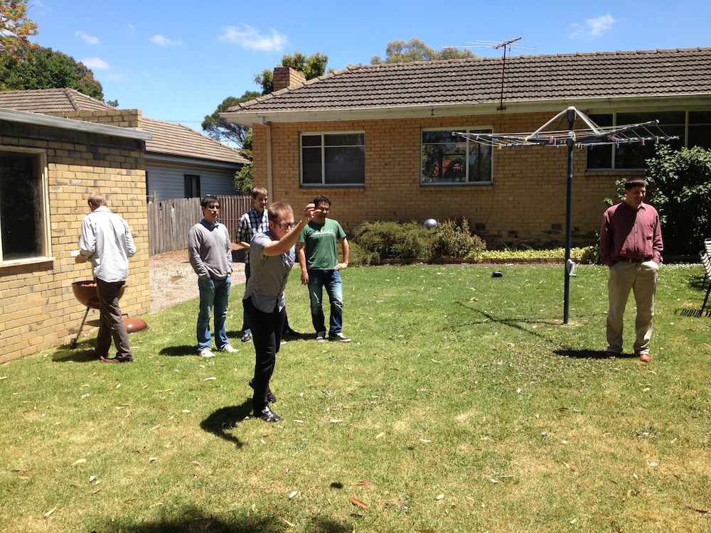 Lab members playing Pétanque at a house on Beddoe Avenue.  A group tradition started many years ago when the research group was once based there!